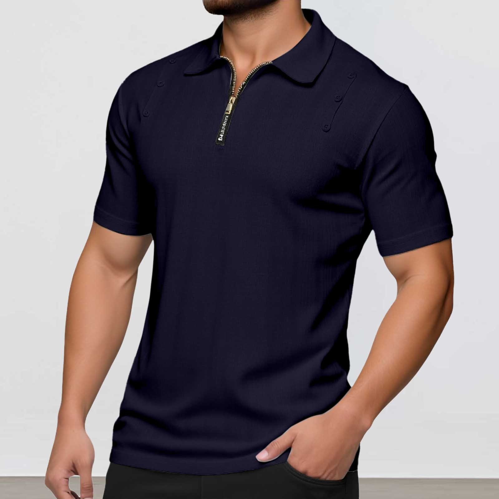 thumbnail image 2 of Camisa de manga corta con solapa y cremallera de color liso para hombre - Poliéster, ligera, informal/deportiva/para actividades al aire libre (S-XXXL), 2 of 8